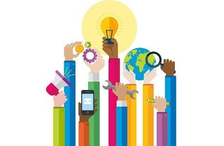 Diverse hands holding tools, globe, lightbulb, megaphone, and smartphone symbolizing collaboration, innovation, and global connectivity.