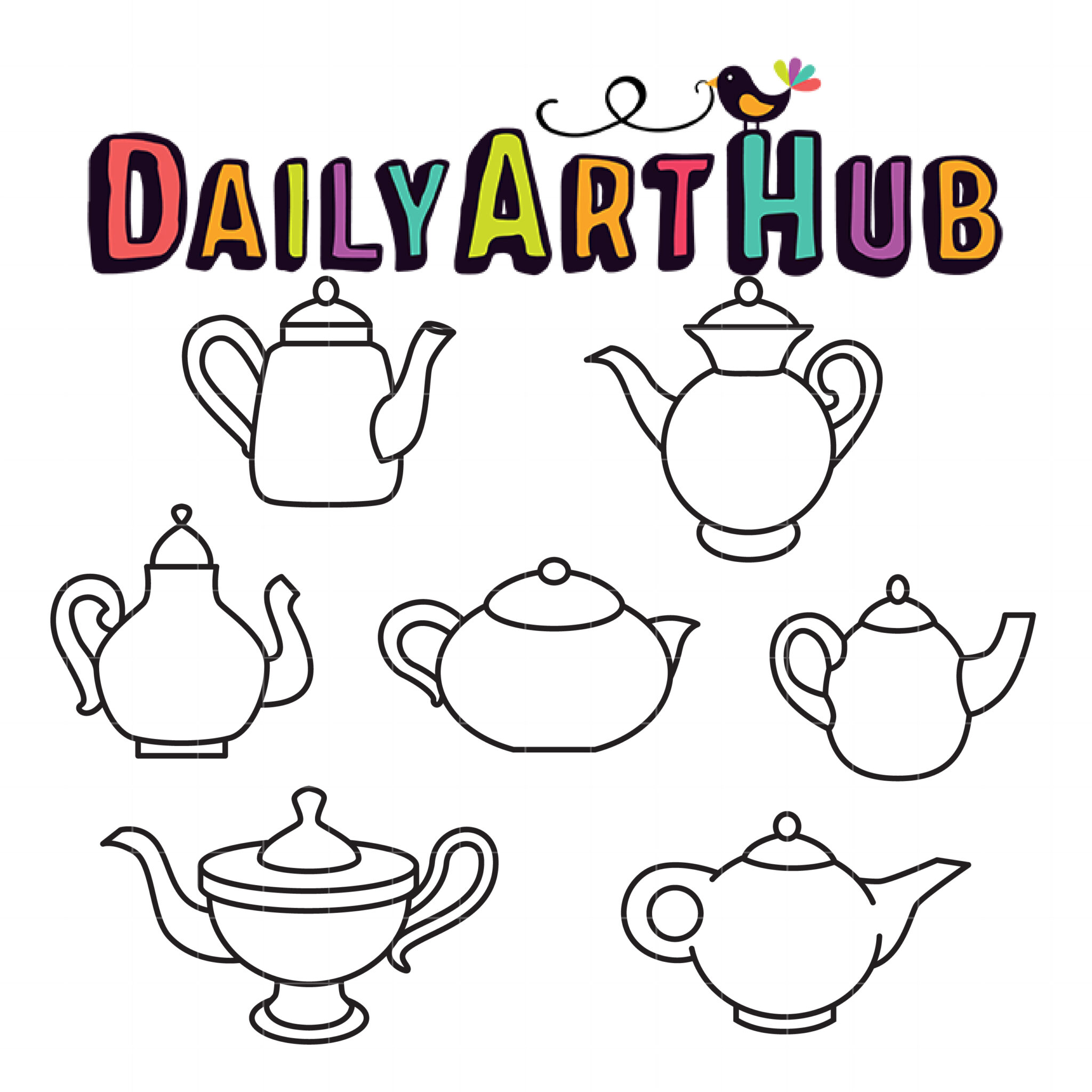 Colorful "DailyArtHub" logo with a bird and seven outlined teapot designs below.