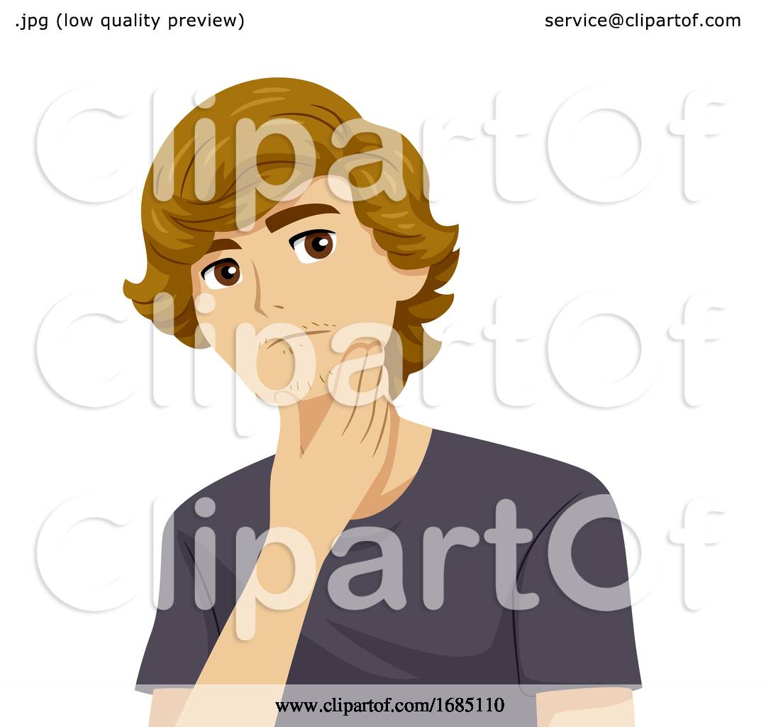 Young man with curly brown hair, wearing a gray t-shirt, touching his chin thoughtfully while looking upward.