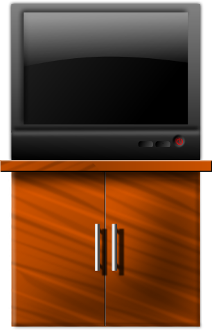 Black flat-screen TV resting on a polished wooden cabinet with double doors and silver handles.