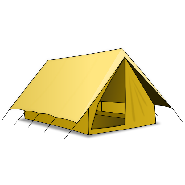 A yellow A-frame camping tent with open front flap, showing interior shelves and floor space against a black background.