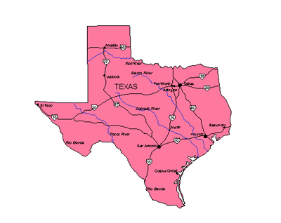 Pink map of Texas showing major cities, rivers, and highways including Houston, Dallas, San Antonio, and the Rio Grande.