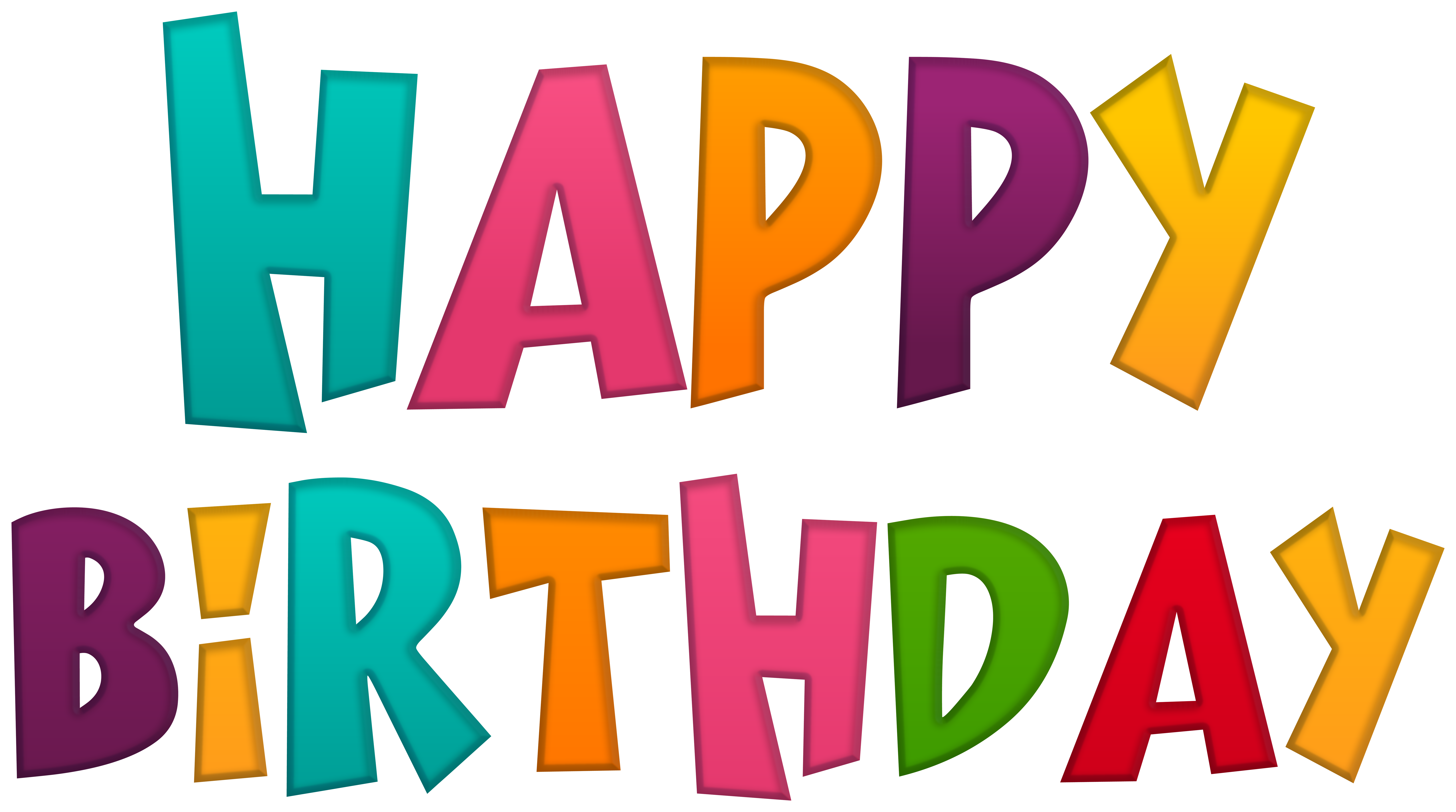 Colorful 3D block letters spelling "HAPPY BIRTHDAY" in vibrant rainbow hues with playful shadows and depth.