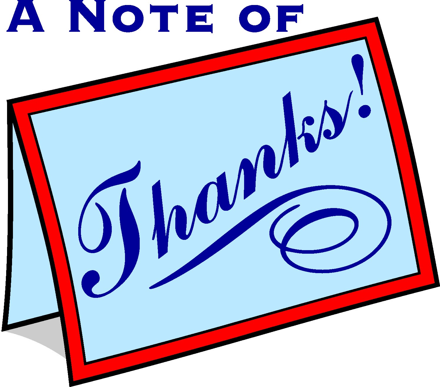 A folded light blue thank-you card with red border and elegant blue "Thanks!" script text.
