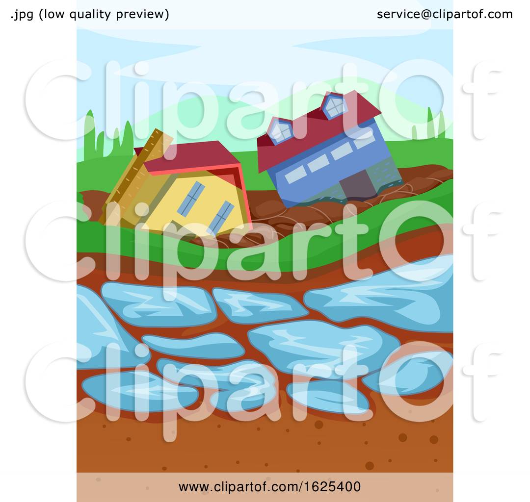 Two cartoon houses tilted on a landslide above cracked earth and floodwater, illustrating natural disaster impact.