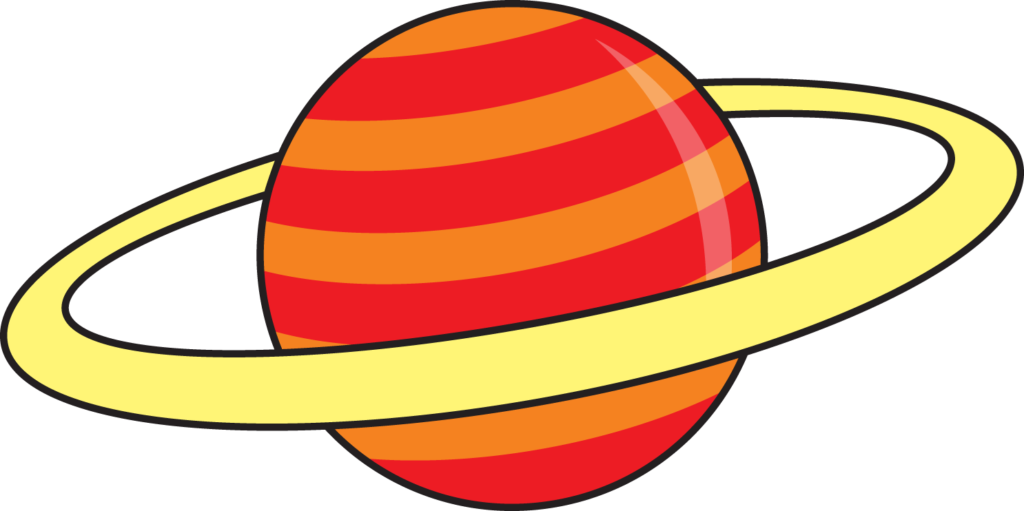 A stylized cartoon planet with red and orange stripes and a bright yellow ring system, resembling Saturn.