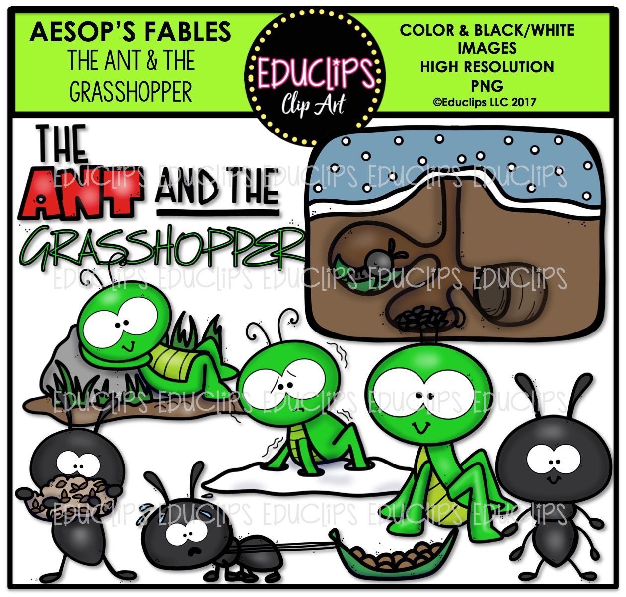 Colorful clip art illustrating Aesop’s fable "The Ant and the Grasshopper" with cartoon ants working and a lazy grasshopper resting.