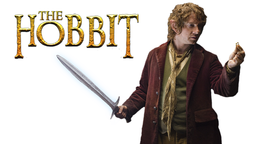 Bilbo Baggins holding Sting the sword and the One Ring, from *The Hobbit* film series.