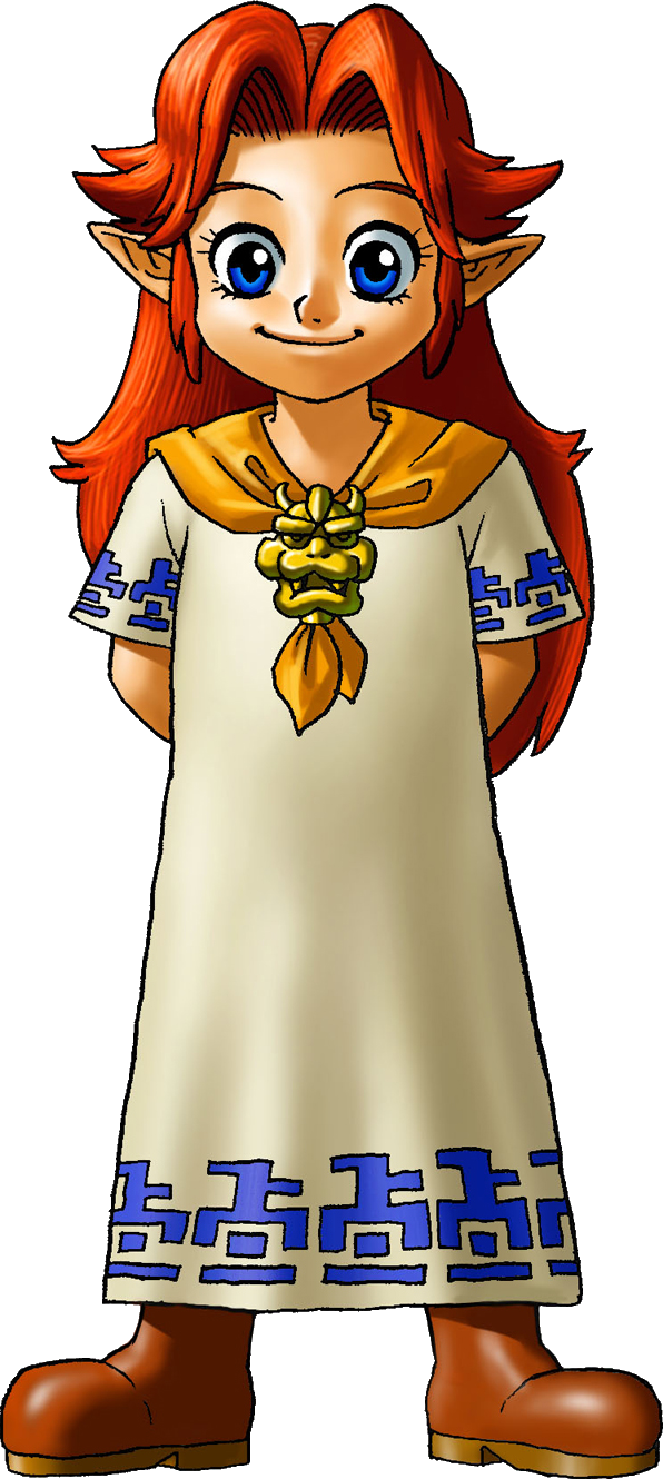 A cheerful elf girl with long red hair, blue eyes, and a cream dress with blue patterns and a green pendant.