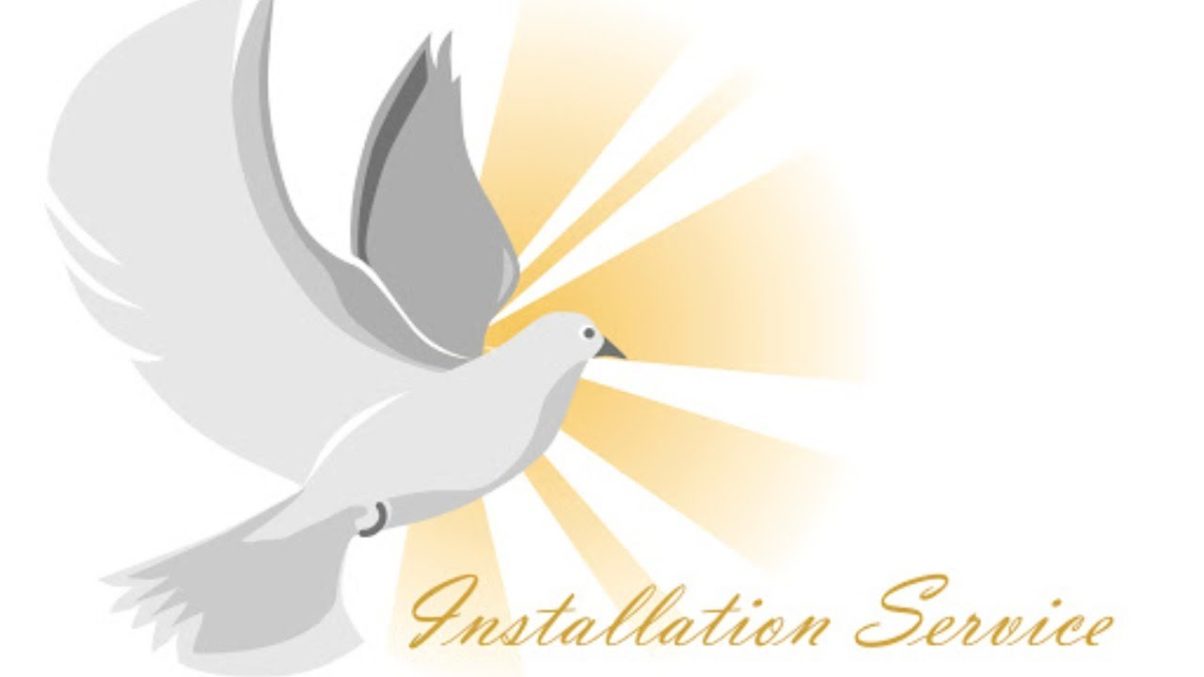 White dove in flight with golden rays behind, symbolizing peace and divine presence, above text "Installation Service".