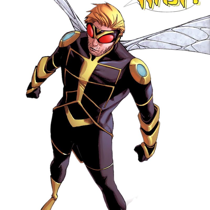 Yellowjacket superhero in black and gold suit with insect wings and red goggles, mid-action pose.