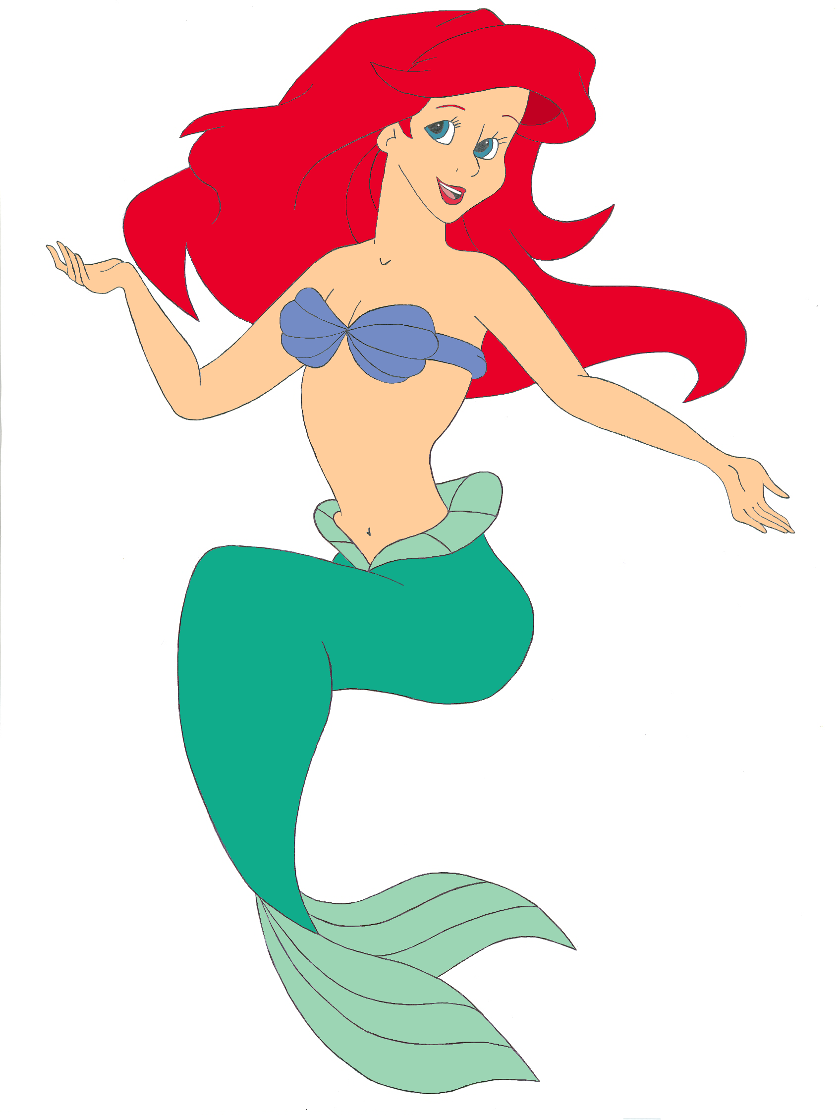 Ariel, the Disney mermaid with vibrant red hair, blue seashell top, and green tail, smiling gracefully mid-swim.