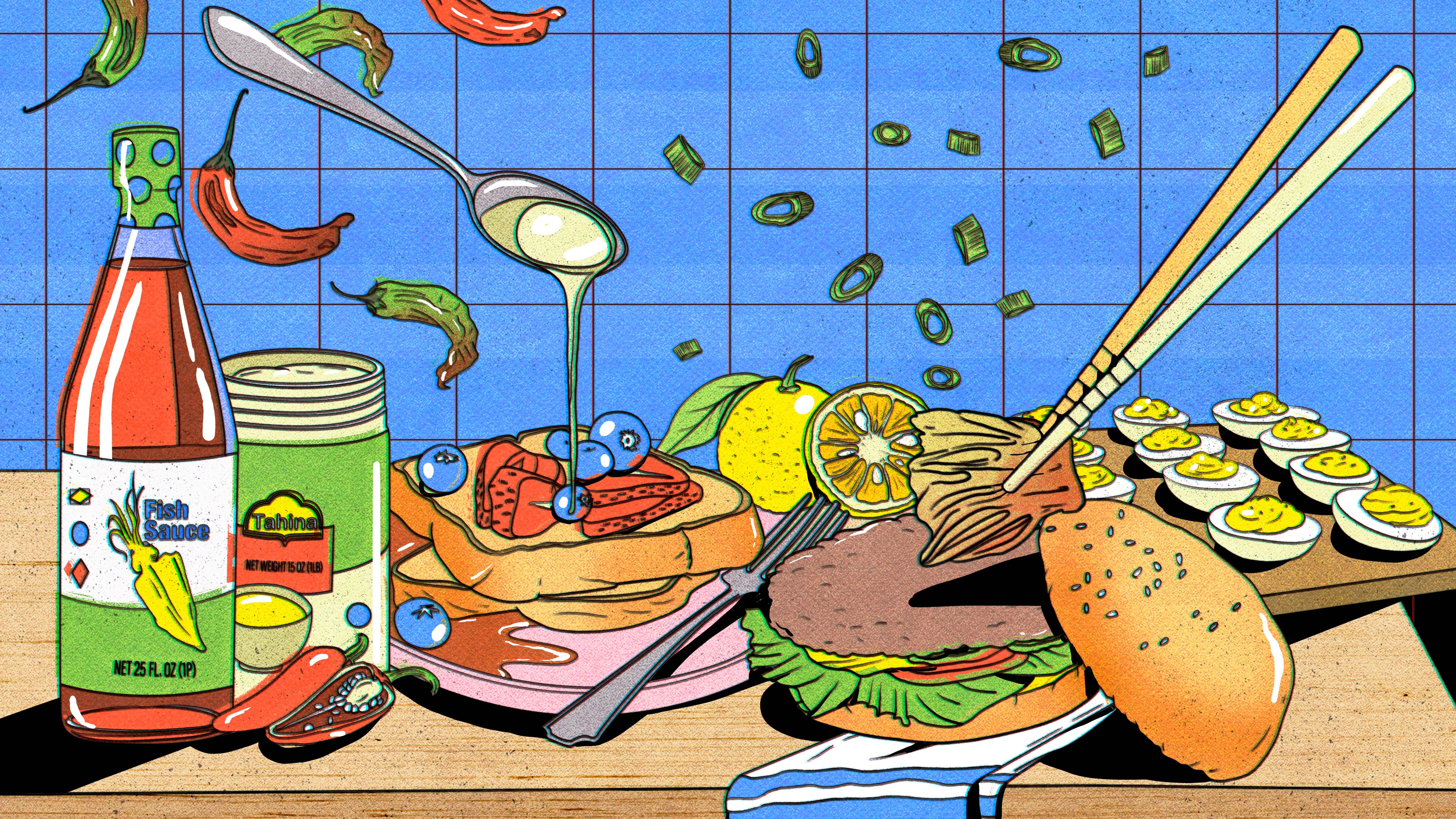 A vibrant, stylized food collage featuring fish sauce, tahini, deviled eggs, burger, pancakes with berries, lemon, chili peppers, and flying ingredients against a blue tile backdrop.