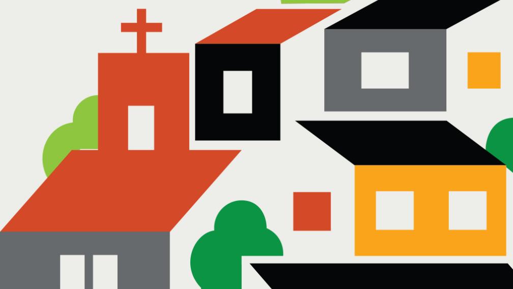 Abstract geometric illustration of a village with church, houses, and trees in bold colors.