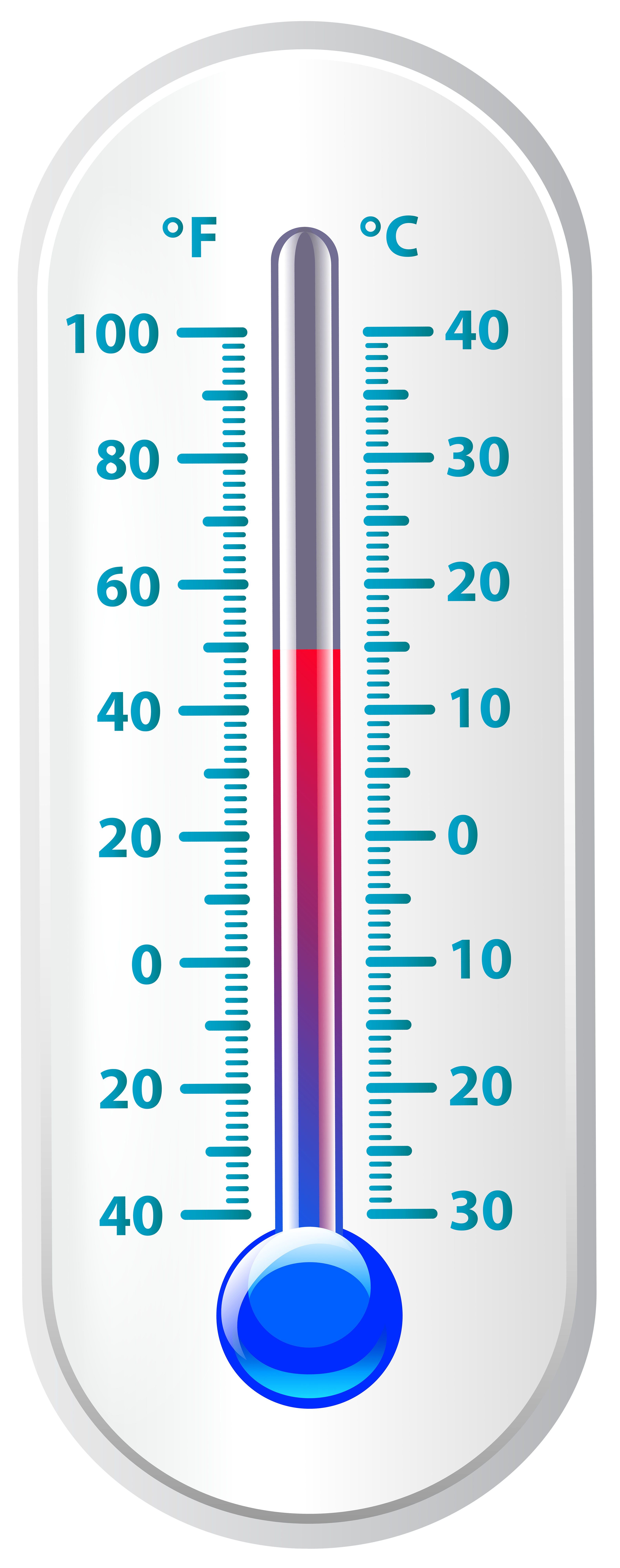 Dual-scale thermometer showing Fahrenheit and Celsius with red liquid at approximately 40°F (4°C).