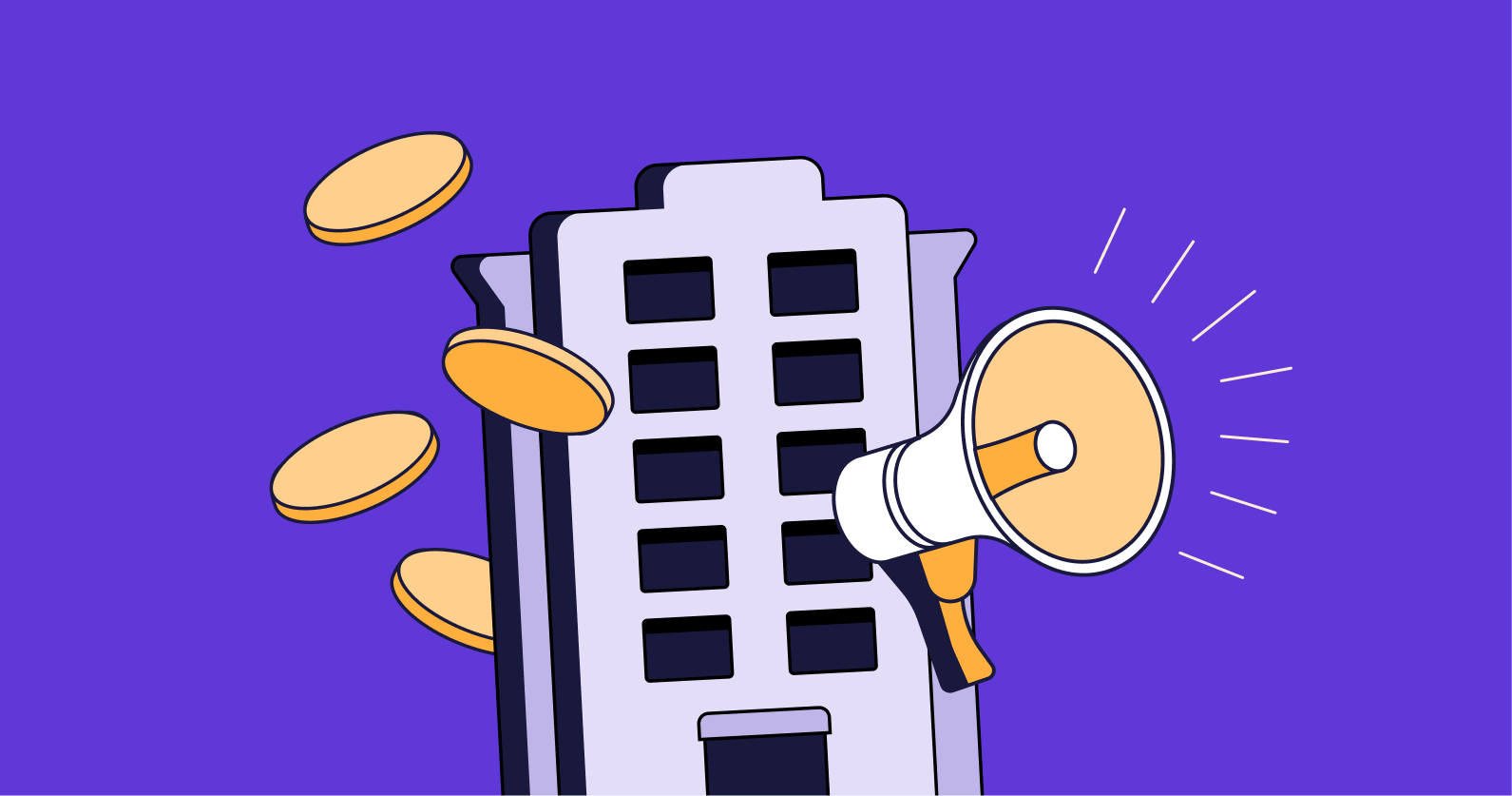 A modern building with coins flying out and a megaphone attached, symbolizing financial announcements or real estate marketing.