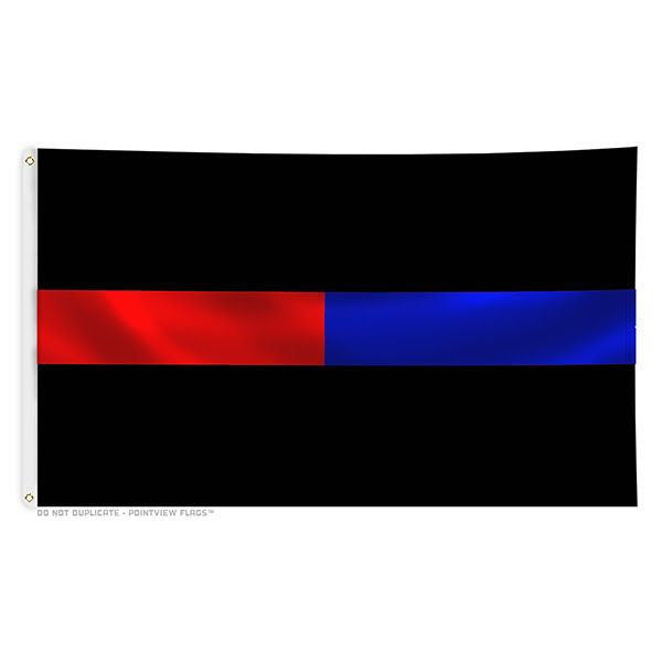 Black flag with thin red and blue horizontal stripes symbolizing support for firefighters and law enforcement.