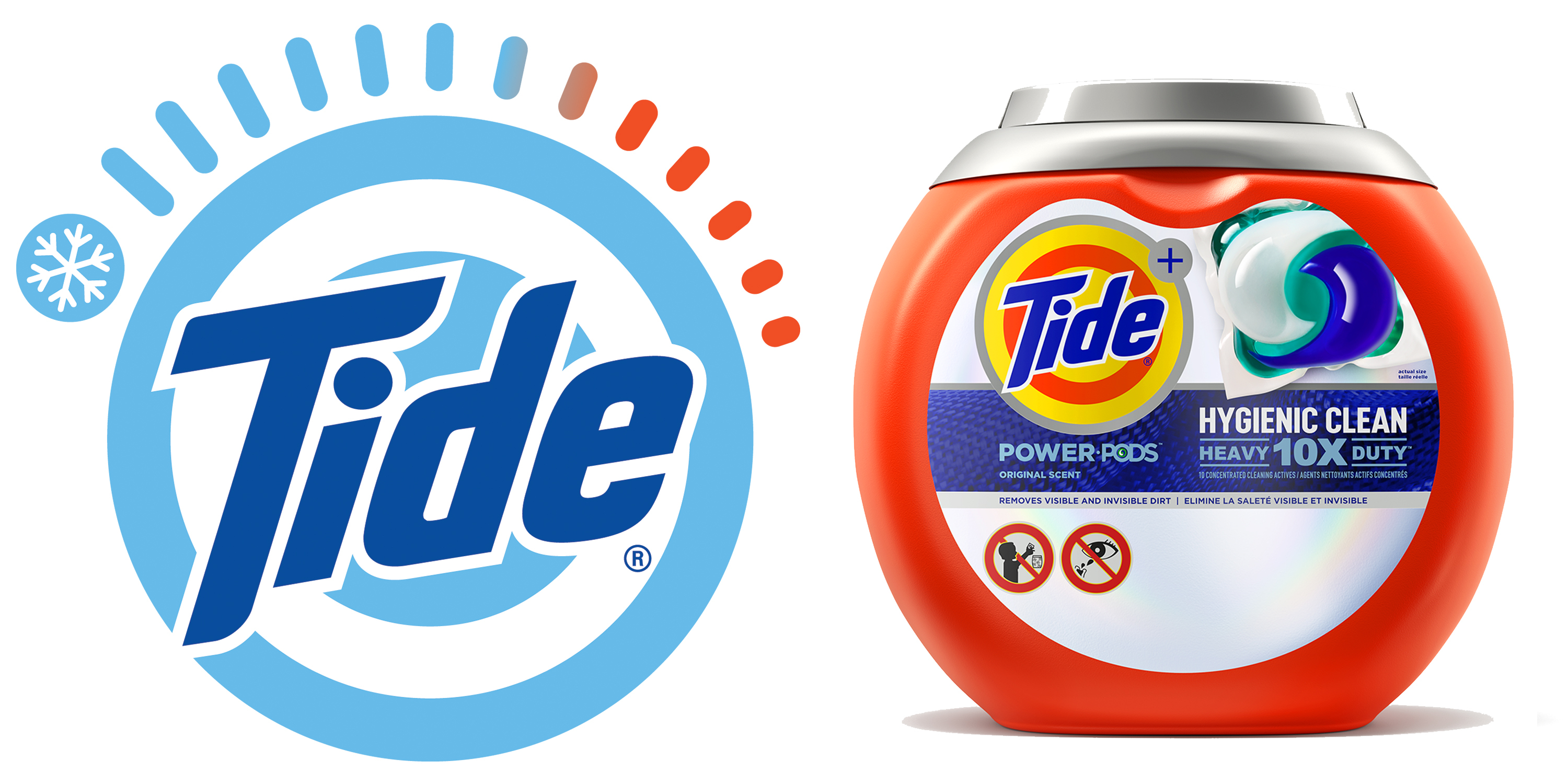 Tide Power-Pods laundry detergent container with logo and hygienic clean heavy 10X duty label.