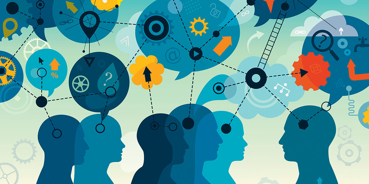 Silhouettes of diverse people with interconnected thought bubbles containing gears, arrows, questions, and digital icons symbolizing collaboration and innovation.