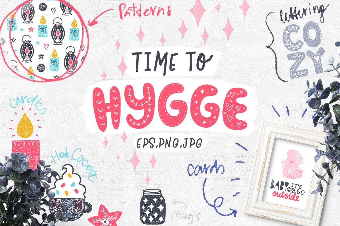 Cozy hygge-themed digital design bundle with lanterns, cocoa, candles, patterns, and lettering in soft pink and blue tones.