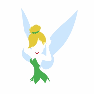 A stylized illustration of Tinker Bell with blonde hair in a bun, green dress, and light blue wings, smiling with hands near her face.