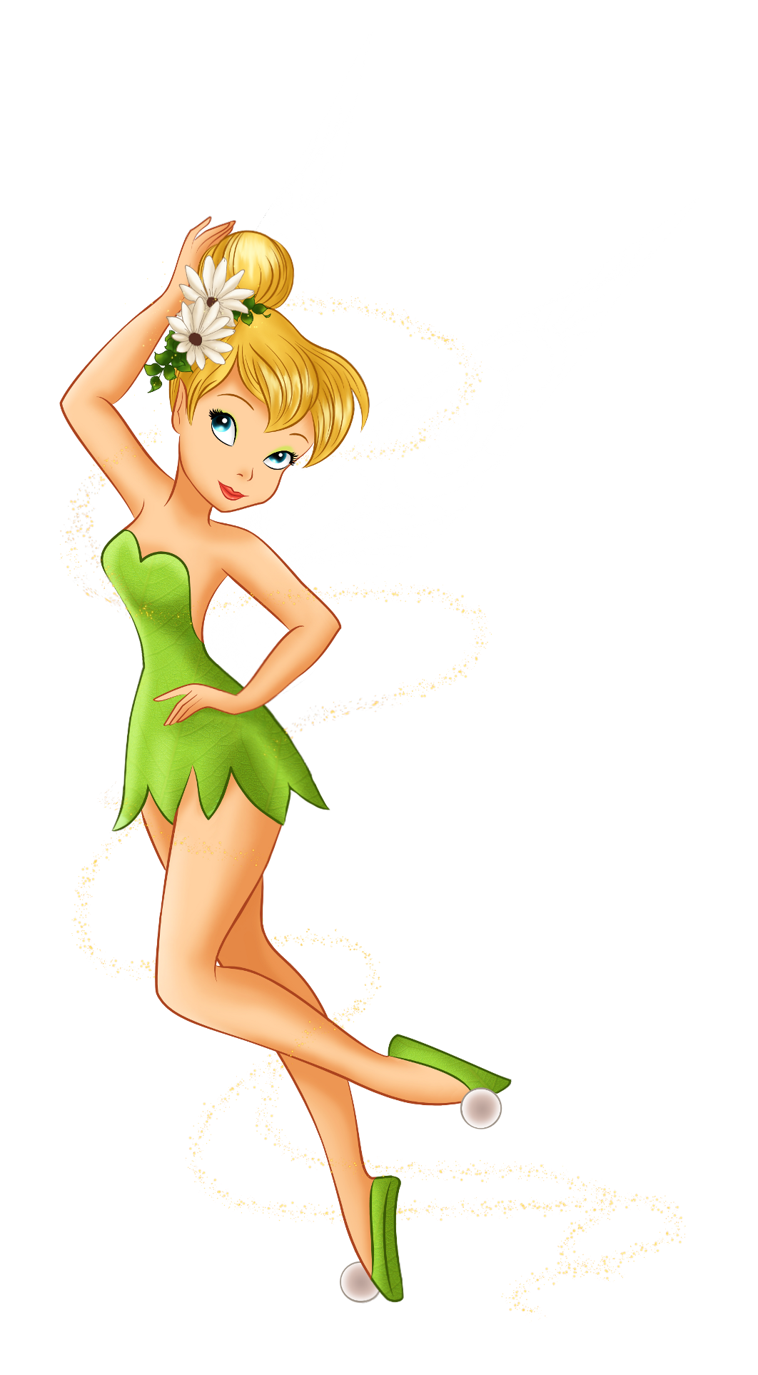 Tinker Bell fairy in green leaf dress, white wings, daisy hair accessory, and sparkling golden trail.