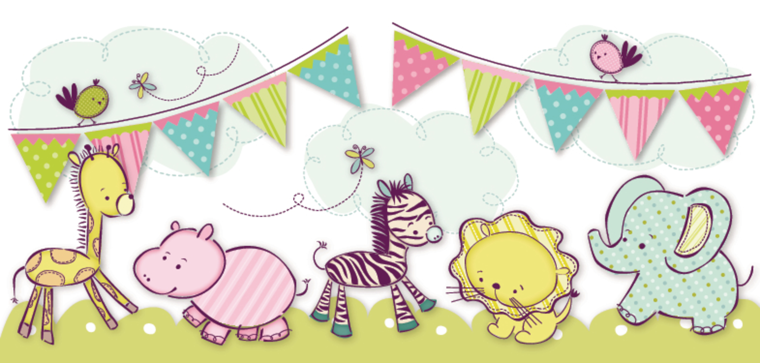 Cute cartoon safari animals-giraffe, hippo, zebra, lion, elephant-and festive bunting with birds and butterflies.