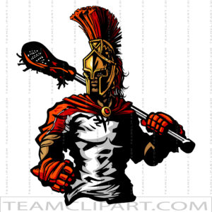 Spartan warrior mascot holding a lacrosse stick, wearing helmet and red cape.
