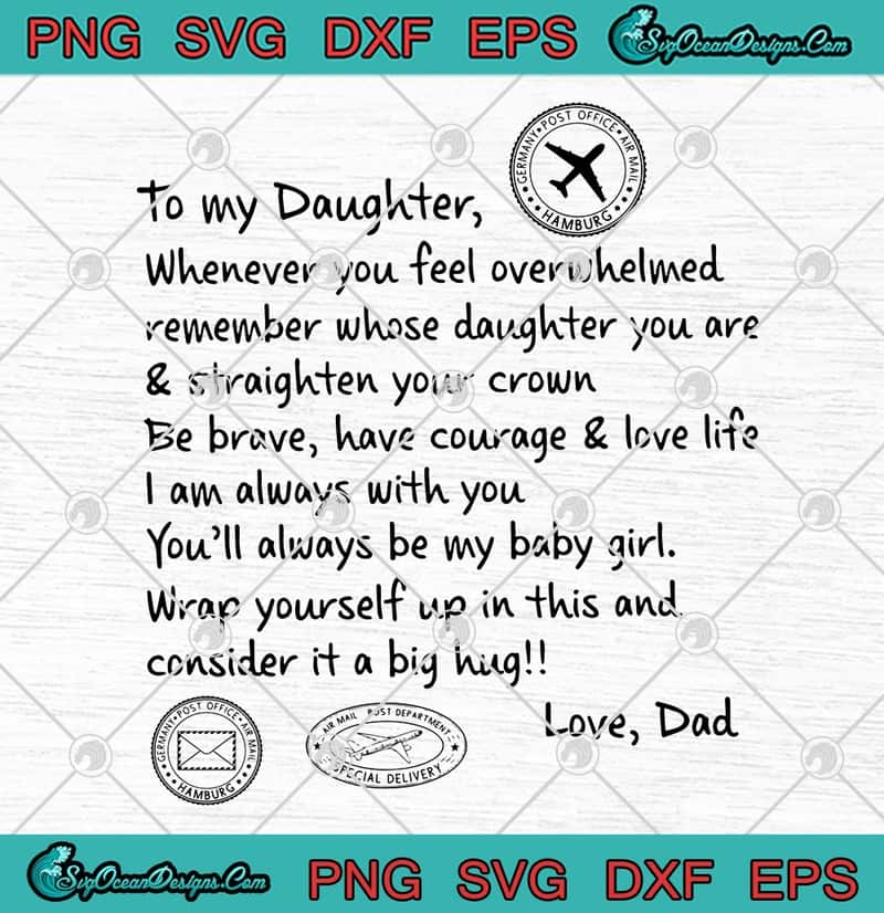 Handwritten-style heartfelt message from father to daughter with vintage postmark stamps and file format labels.