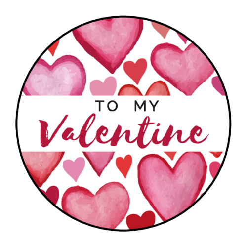 Circular Valentine’s card design with watercolor hearts and “To My Valentine” text.