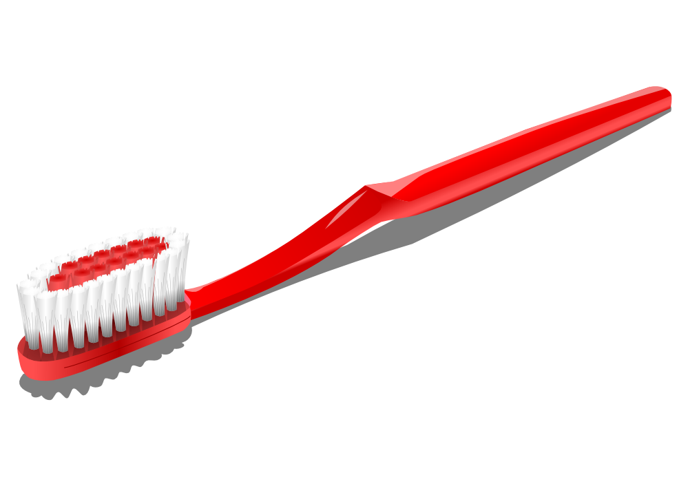 Red toothbrush with white bristles and red grip, angled on white background.