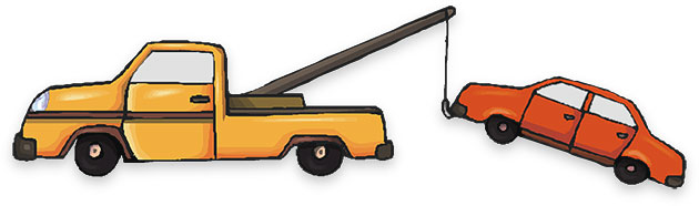 Yellow tow truck lifting an orange sedan with a crane arm in a cartoon illustration.