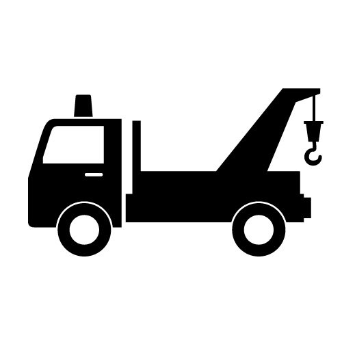 Black silhouette icon of a tow truck with raised boom and hook, on white background.