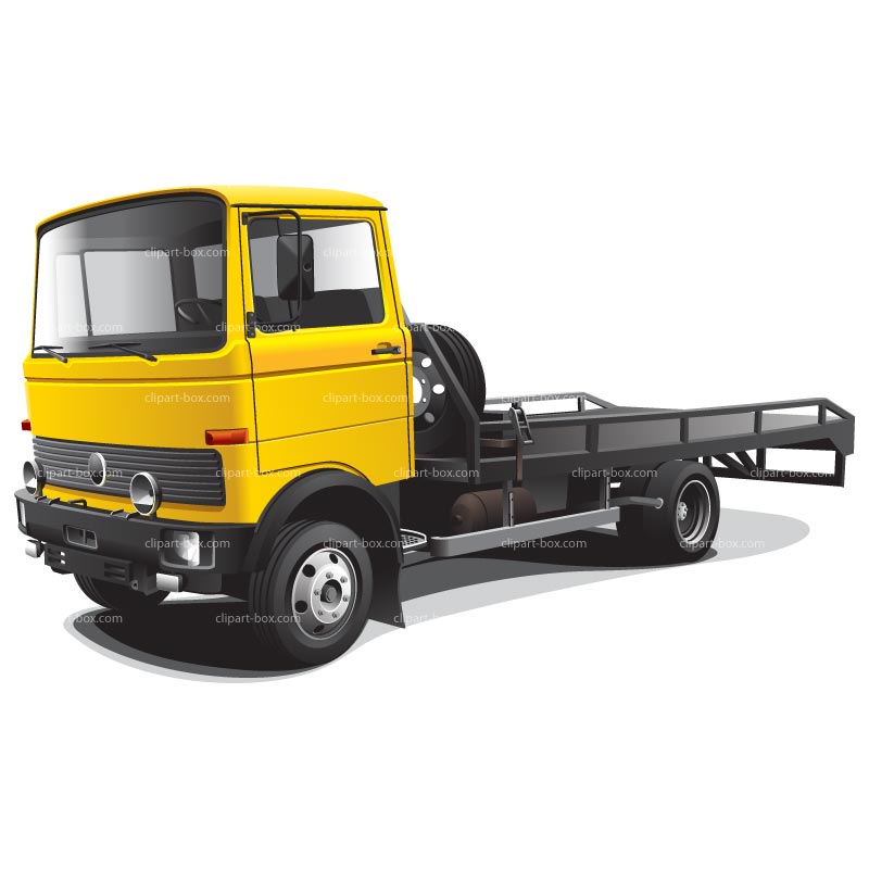 Yellow flatbed truck with black chassis and spare tire mounted on side, isolated on white background.