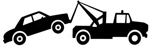Black silhouette of a tow truck lifting a sedan with its boom arm, on white background.