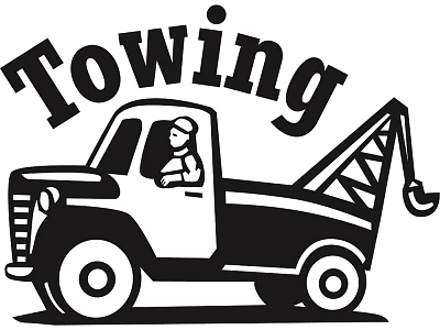 Black-and-white illustration of a vintage tow truck with driver and boom arm, labeled "Towing".