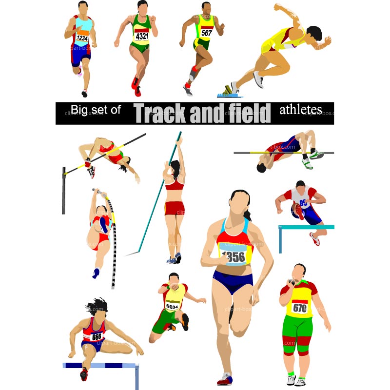 Illustration of diverse track and field athletes performing sprints, jumps, throws, and hurdles in colorful uniforms.