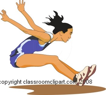 Female athlete performing a long jump mid-air with arms raised and legs extended, wearing blue and white sportswear.