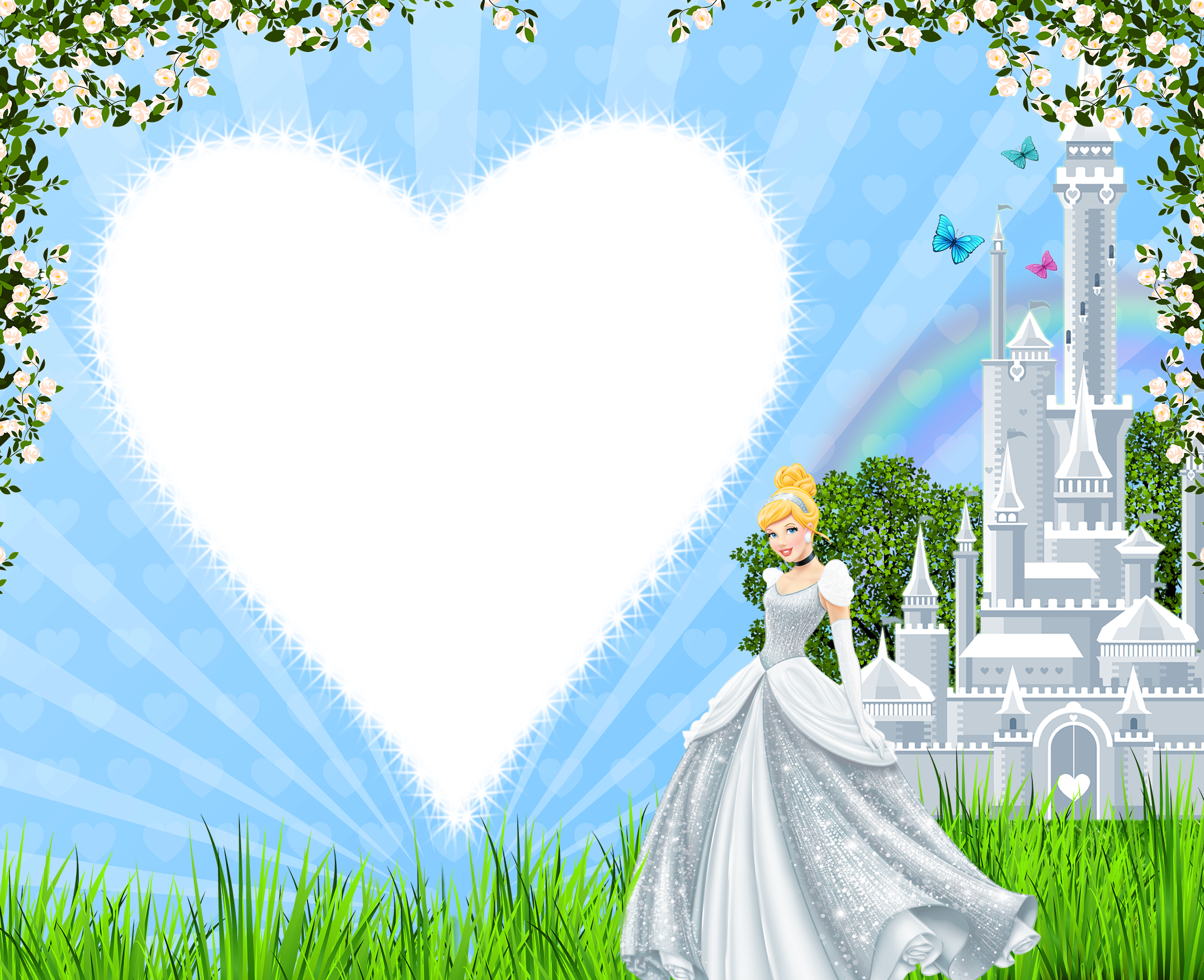 A princess in a sparkling silver gown stands before a fairytale castle, framed by roses and a glowing heart-shaped space.