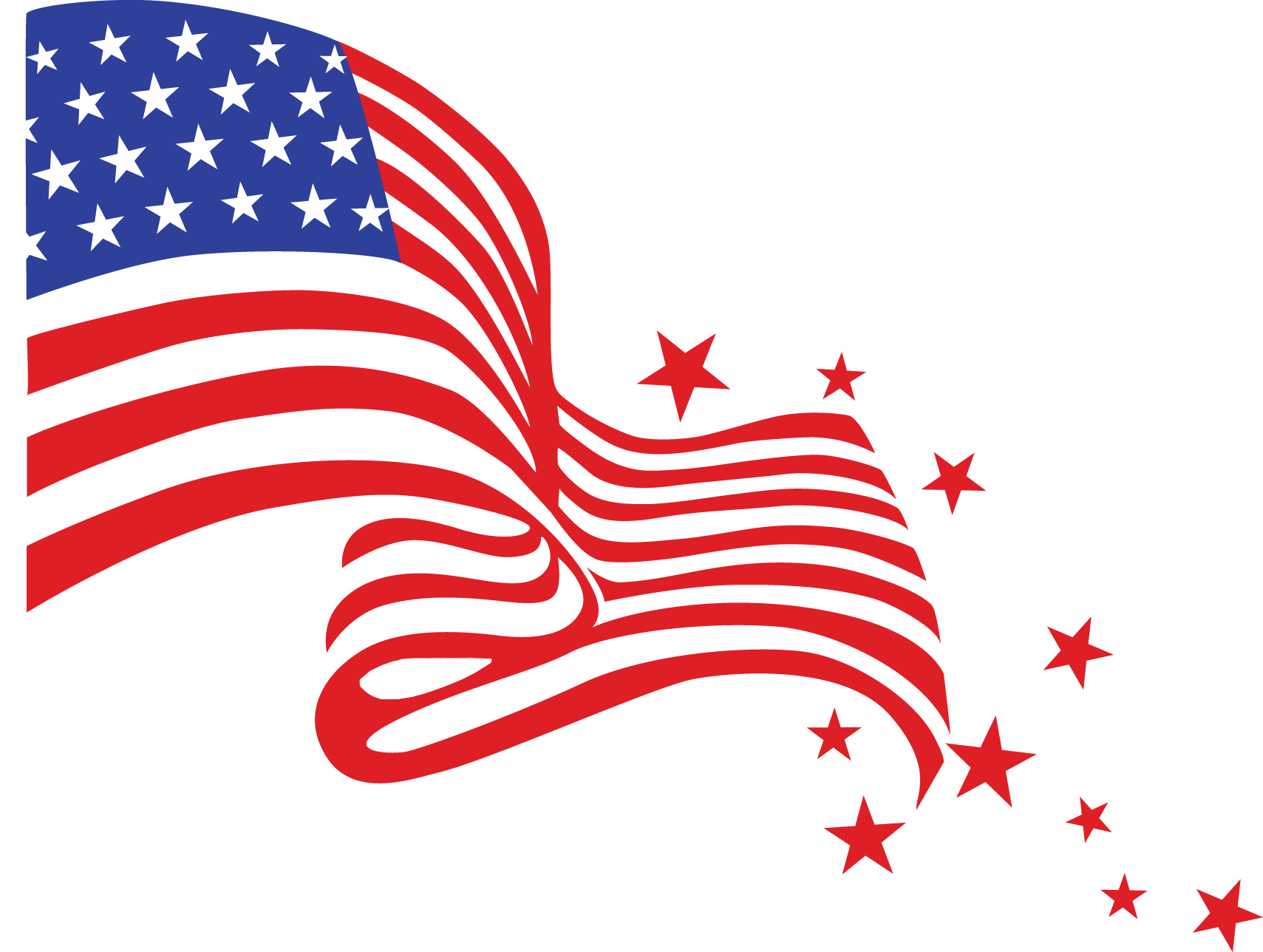 Stylized American flag with flowing red stripes, blue canton with white stars, and scattered red stars on black background.