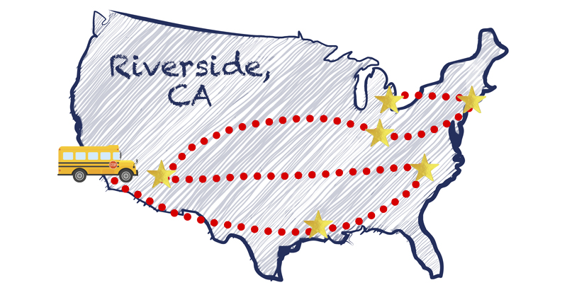 Hand-drawn U.S. map showing a school bus route from Riverside, CA to multiple starred destinations across the country.