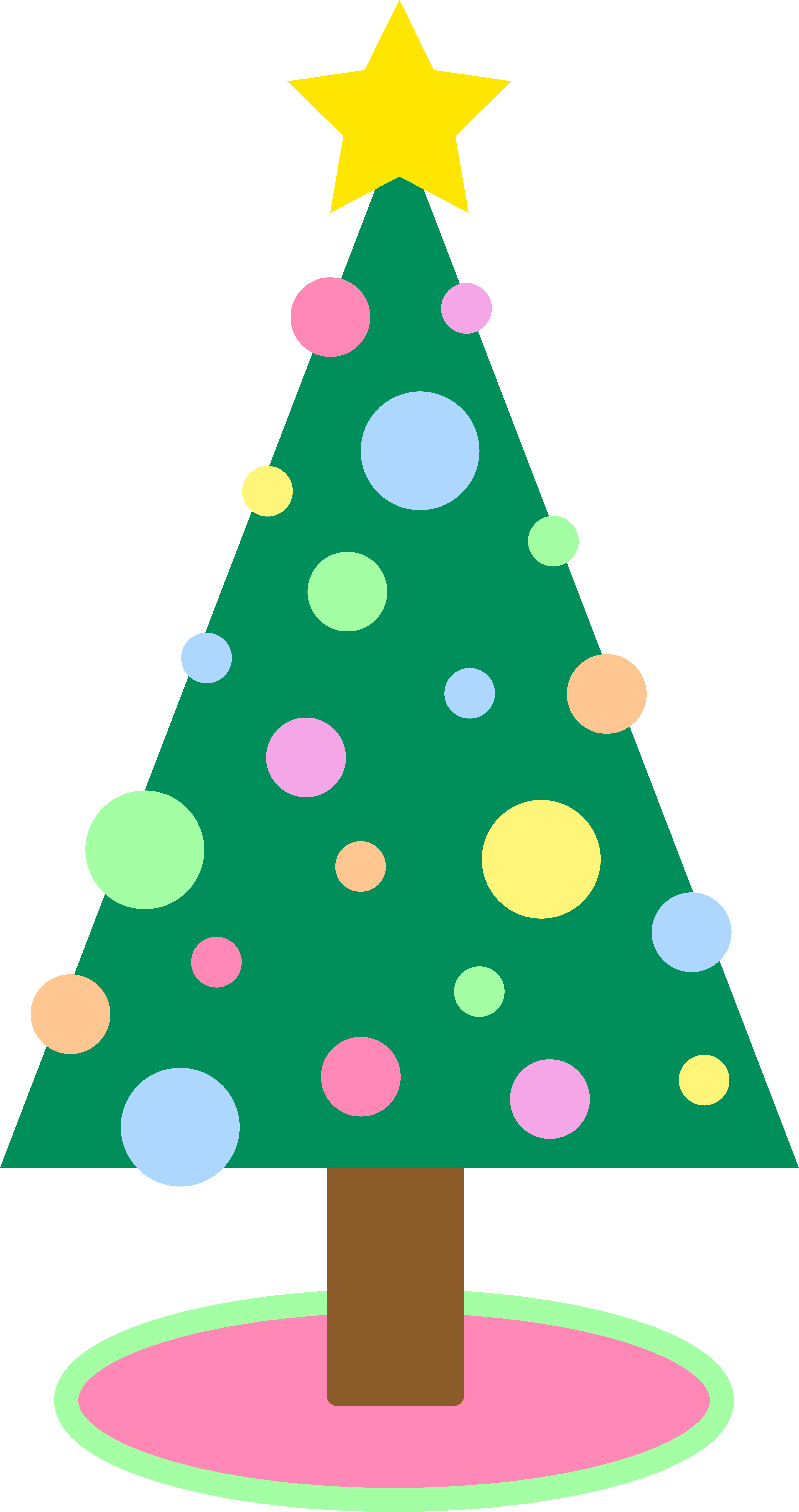 Colorful stylized Christmas tree with pastel ornaments, yellow star topper, and pink base on black background.