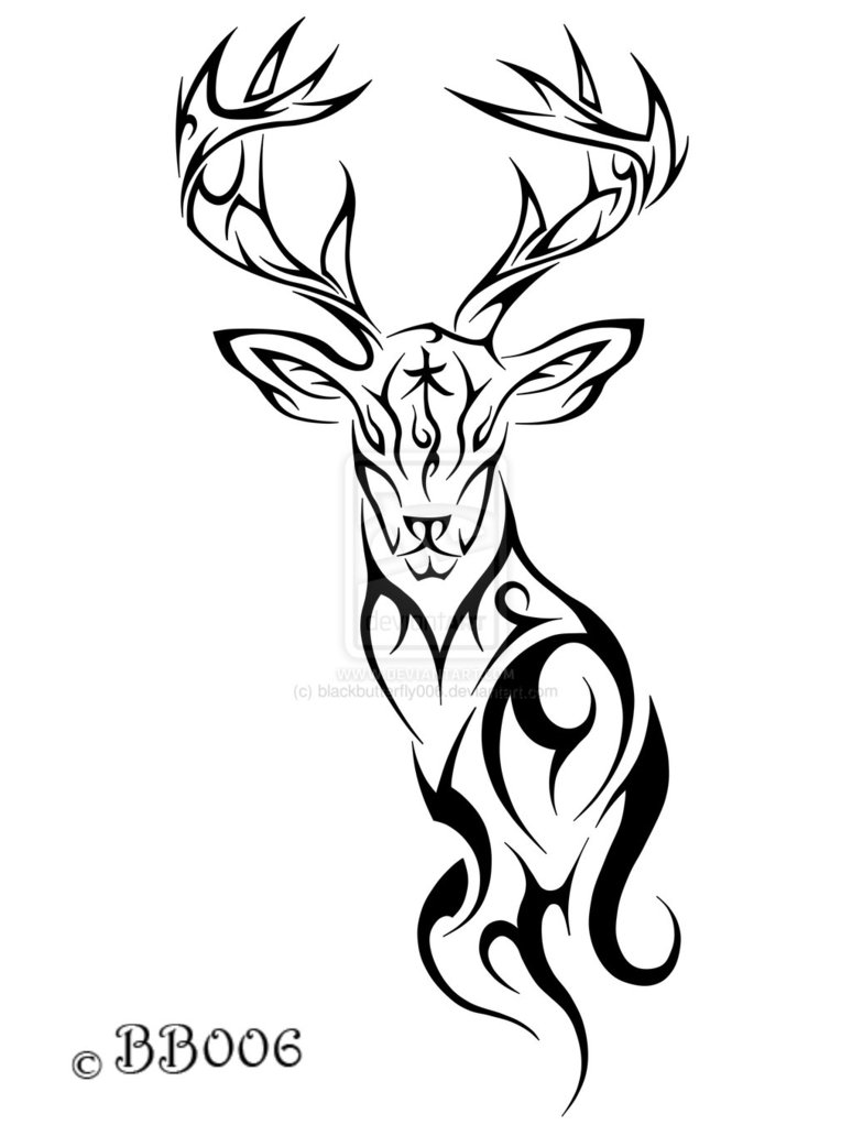 Tribal-style black-and-white stag head with ornate antlers and flowing patterns, signed ©BB006.