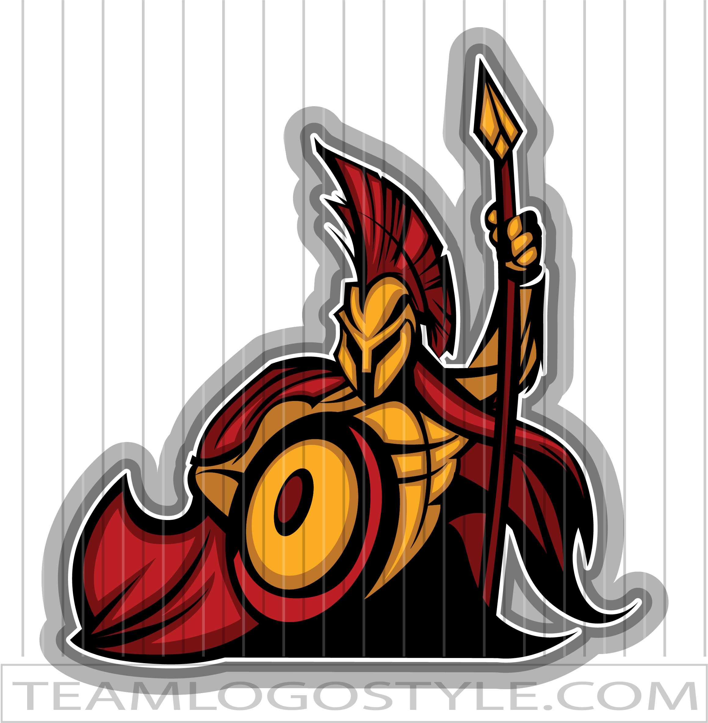 Spartan warrior mascot holding spear and shield, stylized logo with red and gold armor.
