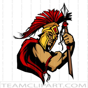 Fierce Spartan warrior in golden helmet and red plume, gripping a spear with determination.