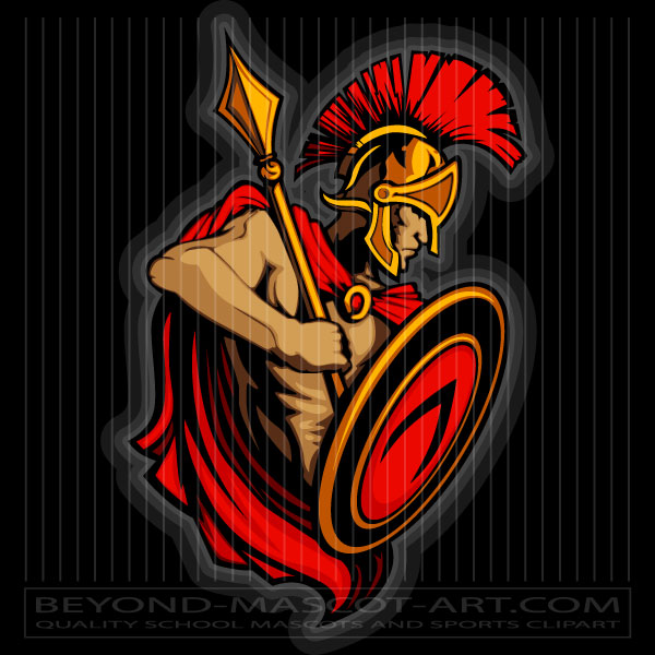 Fierce Spartan warrior in red plume helmet, holding spear and shield, stylized mascot art.