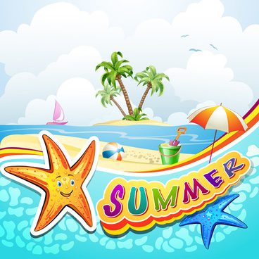 Cheerful cartoon summer beach scene with smiling starfish, palm trees, umbrella, bucket, and rainbow text "SUMMER".