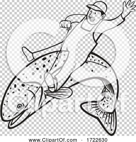 Smiling fisherman riding a large spotted trout in a playful cartoon style.