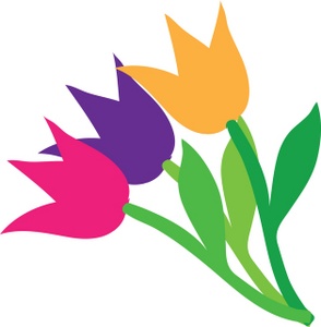 Three colorful stylized tulips-pink, purple, and yellow-with green stems and leaves on a white background.