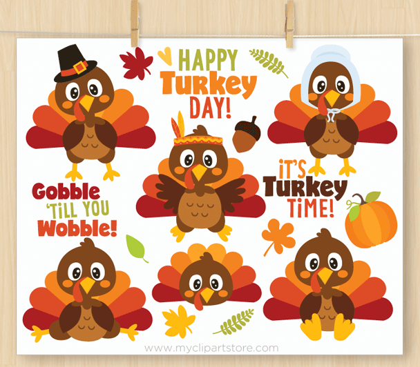 Cute cartoon turkeys in Thanksgiving outfits with festive phrases like "Happy Turkey Day!" and "Gobble 'Till You Wobble!"